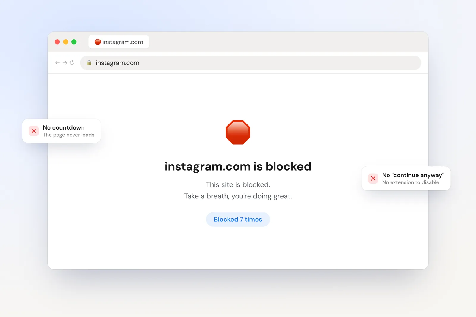 Browwwser window showing instagram.com is blocked, with a counter reading Blocked 7 times