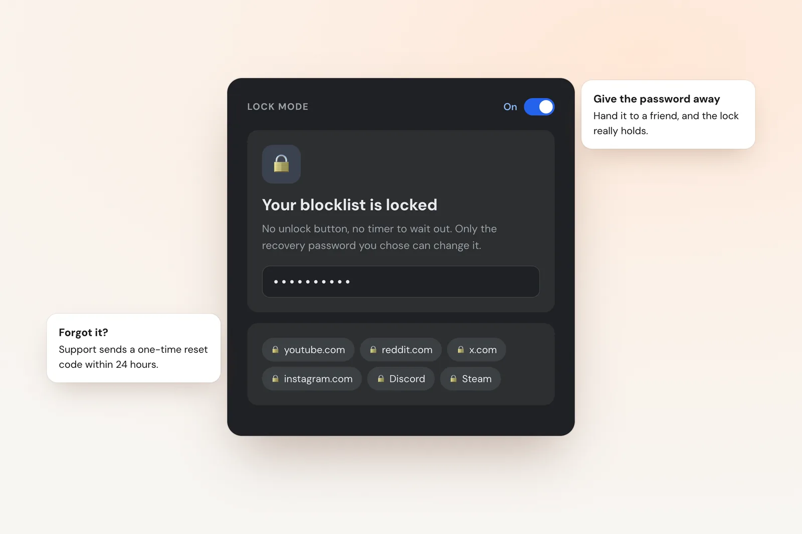 Browwwser lock mode panel: the blocklist is locked behind a recovery password